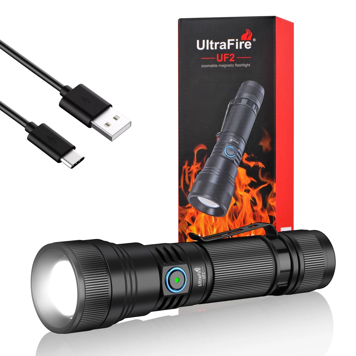 UF2 1500LM Zoomable Flashlight High Power 21700 USB-C Rechageable 550M Long Range Lamp with Magnet Power Bank Function
