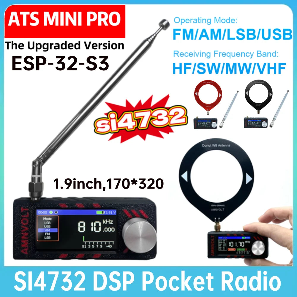 Upgraded SI4732 DSP Radio LSB USB AM FM FM/AM Radio Headphone Amplifier Bandwidth/Brightness Adjust 1.9In IPS Screen Mini Radio