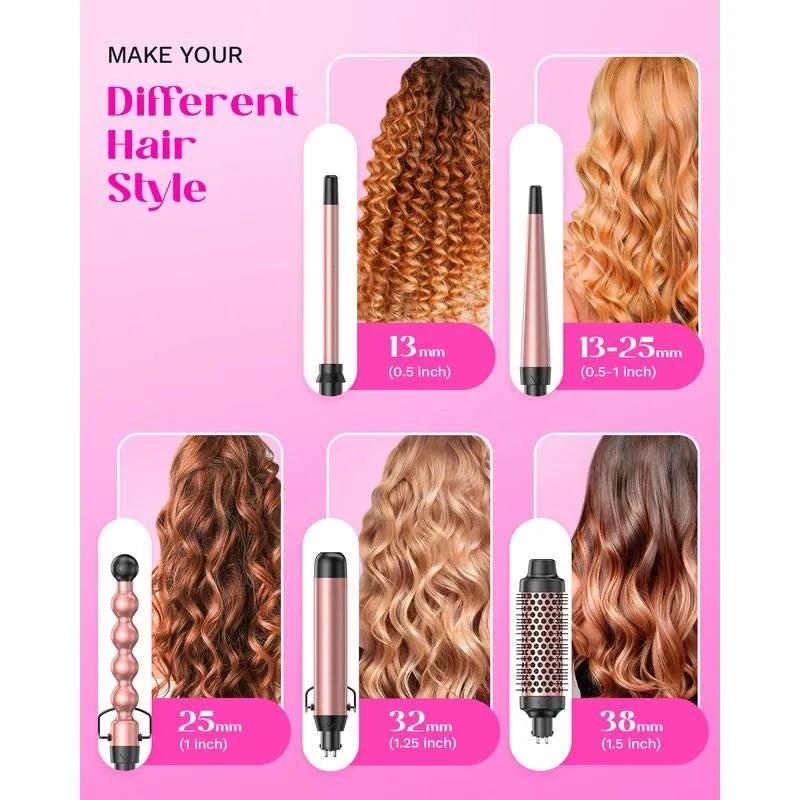 5-In-1 Ceramic Curling Iron Set - Fast Heating Wand (½" to 1¼" Barrels) with Thermal Brush & Dual Voltage Styling Tool