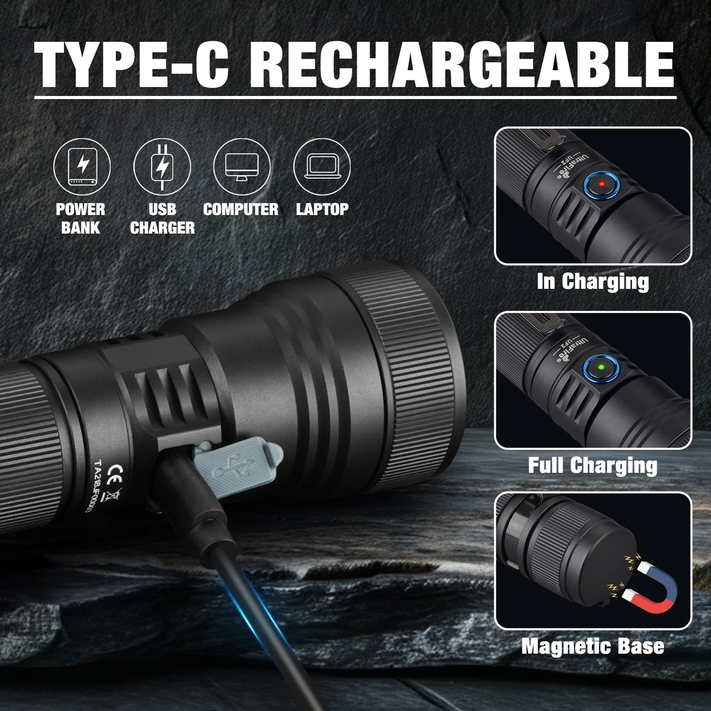 UF2 1500LM Zoomable Flashlight High Power 21700 USB-C Rechageable 550M Long Range Lamp with Magnet Power Bank Function