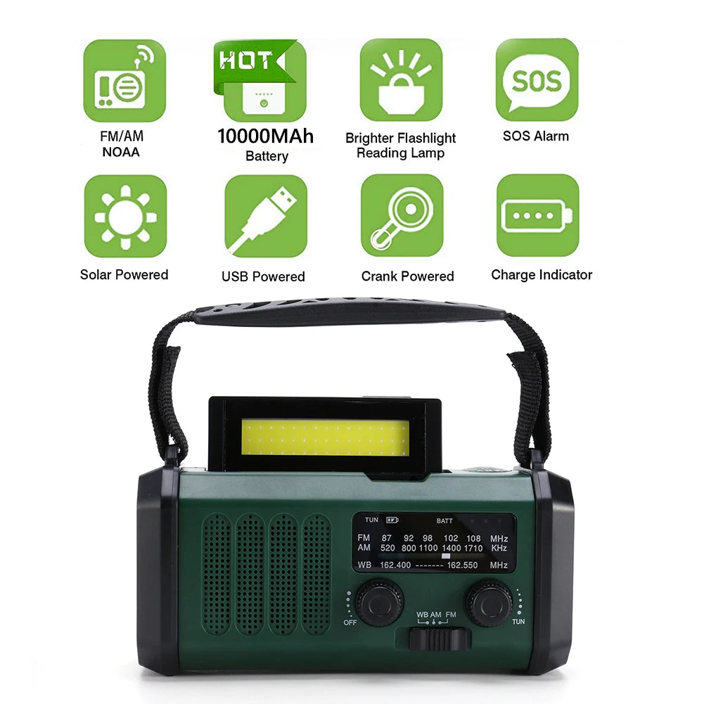 10000Mah Emergency Weather Radio AM/FM/WB Solar Radio LED Emergency Power Bank Flashlight Reading Lamp Type-C Charging SOS Alarm