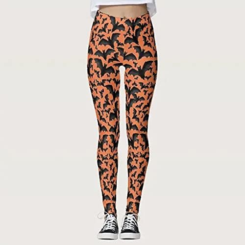 Women's Halloween Bat Print High Waist Stretchy Yoga Leggings, Plus Size Sports Pants, Yellow, XX-Large