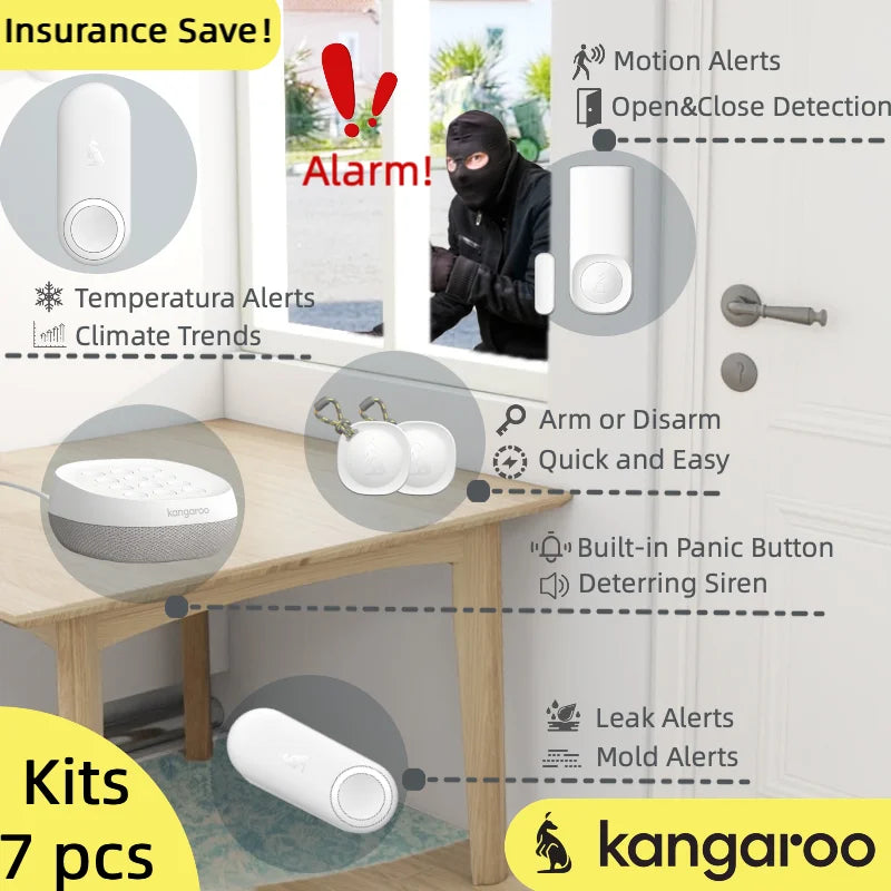 7 Ps Wifi Smart Home Alarm Kit ,Wireless Water Leak/Mold/Climate/Temperatura/Motion Alerts,Door/Window Security Alarm