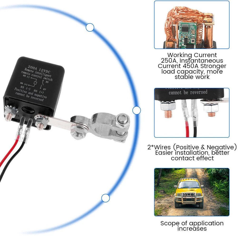 Wireless Disconnect Isolator DC 12V Wireless Remote Master Kill Cut-Off 200A Master Switches 433Mhz Car Battery Disconnect Relay