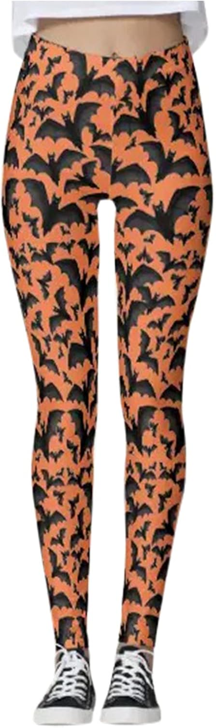 Women's Halloween Bat Print High Waist Stretchy Yoga Leggings, Plus Size Sports Pants, Yellow, XX-Large