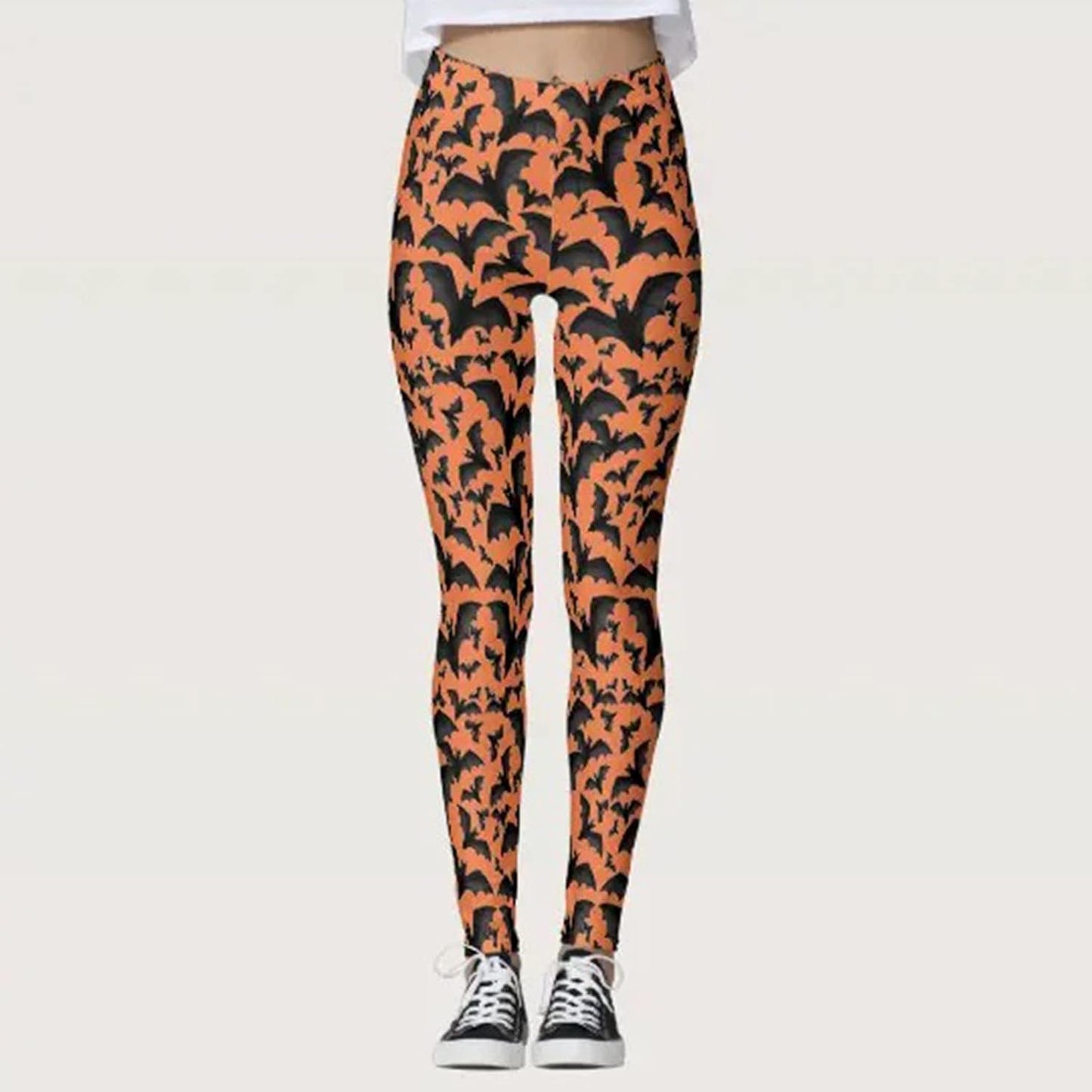Women's Halloween Bat Print High Waist Stretchy Yoga Leggings, Plus Size Sports Pants, Yellow, XX-Large