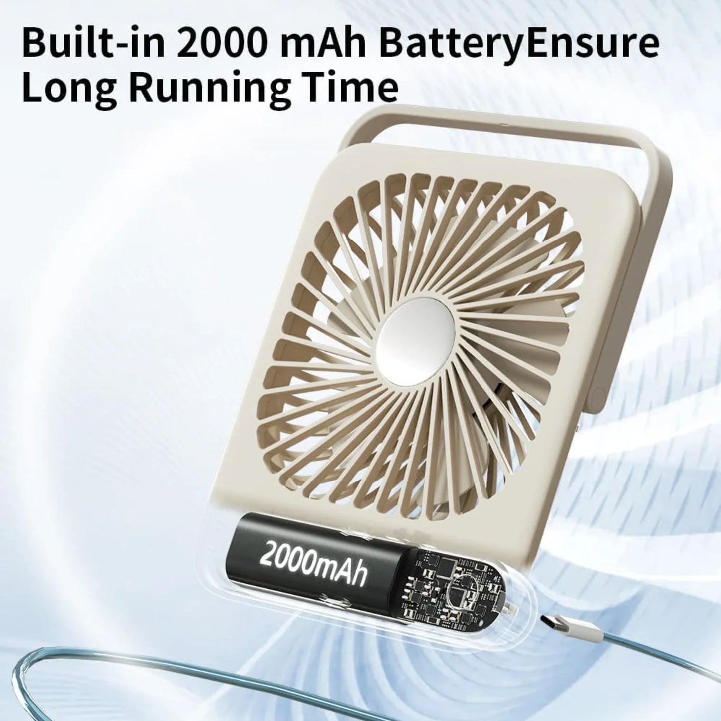 Desk Fan Small Portable USB Battery Rechargeable, Speeds 2000Mah Rechargeable Travel Fan with Max 24H Quiet Working, 180° Fold
