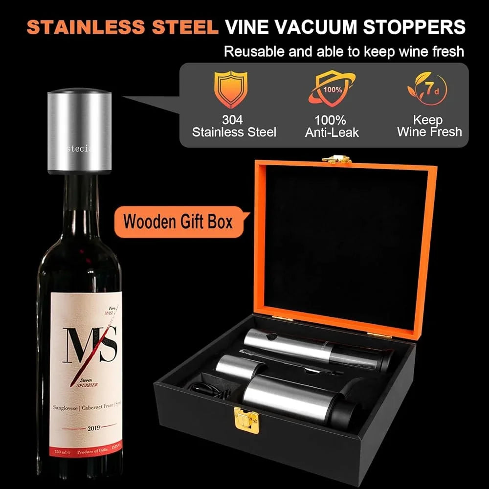 Electric Wine Opener Set Wooden Gift Box 2-In-1 Decanter Aerator Dispenser Vacuum Stopper Corkscrew Kitchen Accessories