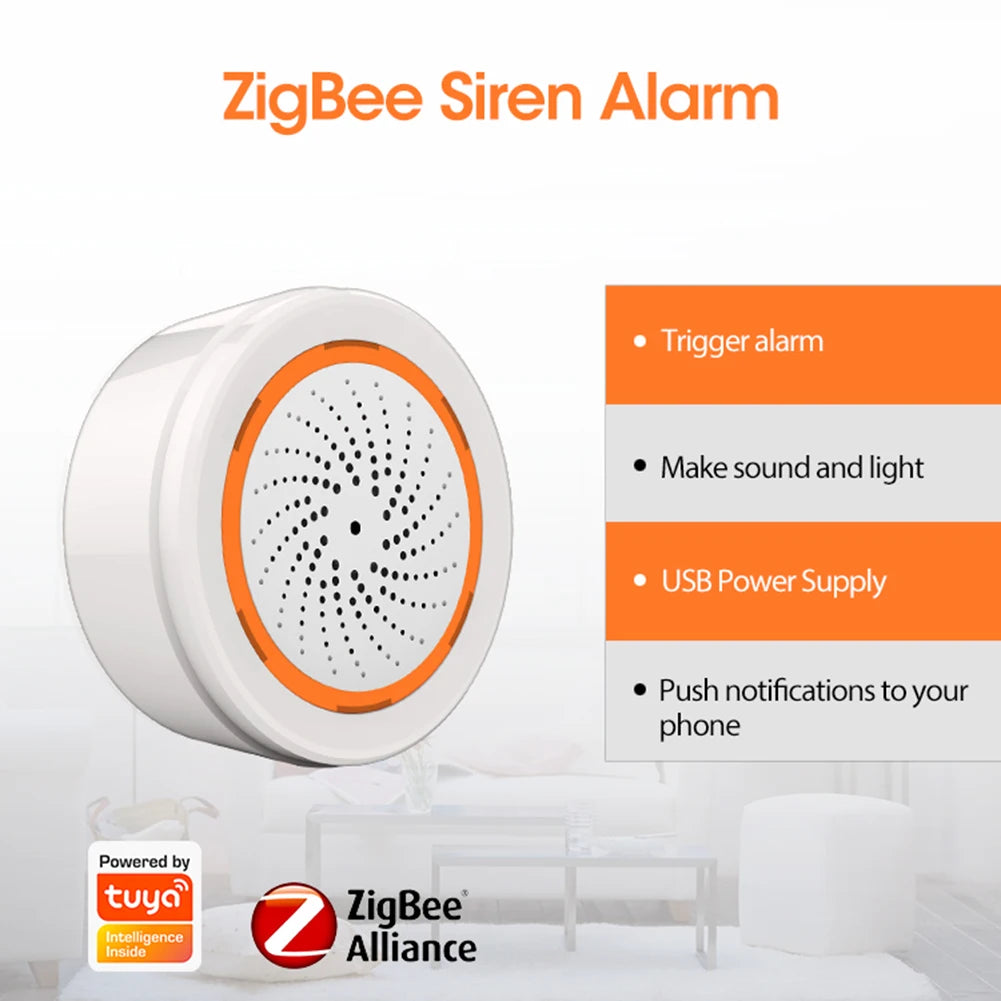 Tuya Zigbee USB Sound Light Sensor Smart Alarm Siren Offers 90Db Security Protection and Remote Control System
