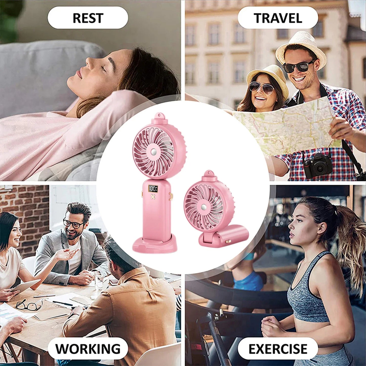 Folding Air Cooling Fan Spray Function 5W 5000Mah Smart Table Fan USB Charging Detachable Lanyard 5-Speed Mute for Summer Travel