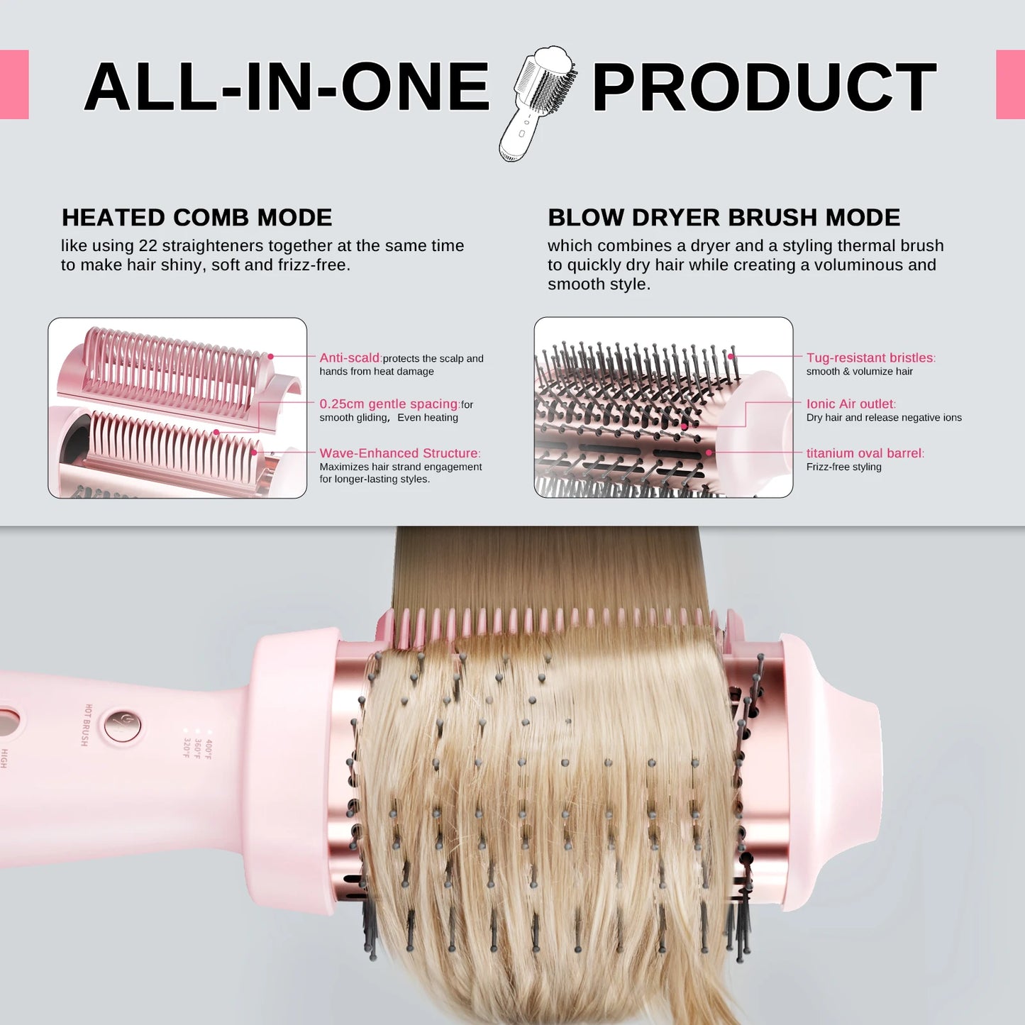 Smooth Style Heated Comb + Blow Dryer Brush,2-In-1 Hot Air Brush for One-Step Straightener Hair Dryer and Styler