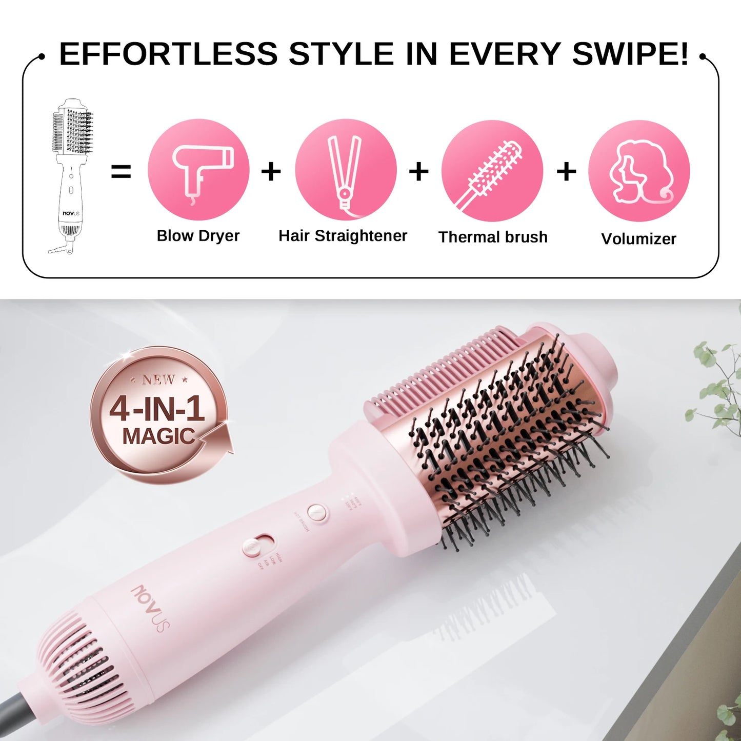 Smooth Style Heated Comb + Blow Dryer Brush,2-In-1 Hot Air Brush for One-Step Straightener Hair Dryer and Styler