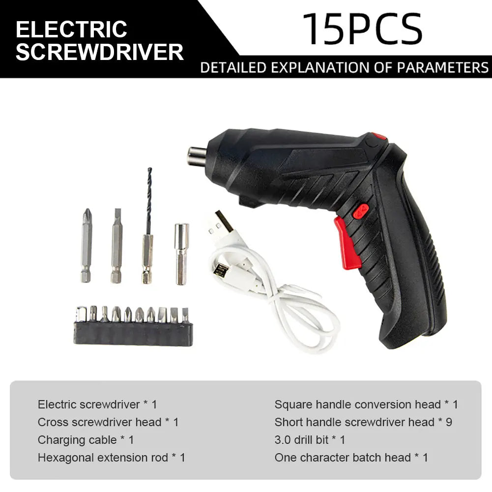 Compact 3.6V Cordless Electric Screwdriver Set with LED Light and Rotating Handle for Home Use and Easy Storage