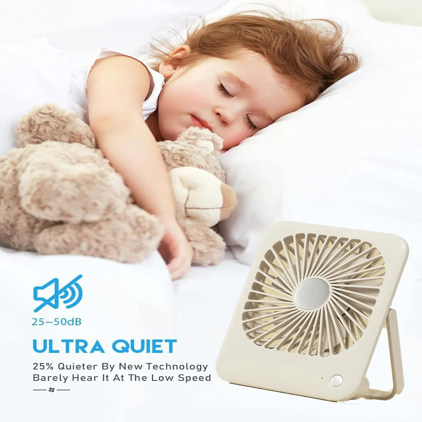 Desk Fan Small Portable USB Battery Rechargeable, Speeds 2000Mah Rechargeable Travel Fan with Max 24H Quiet Working, 180° Fold