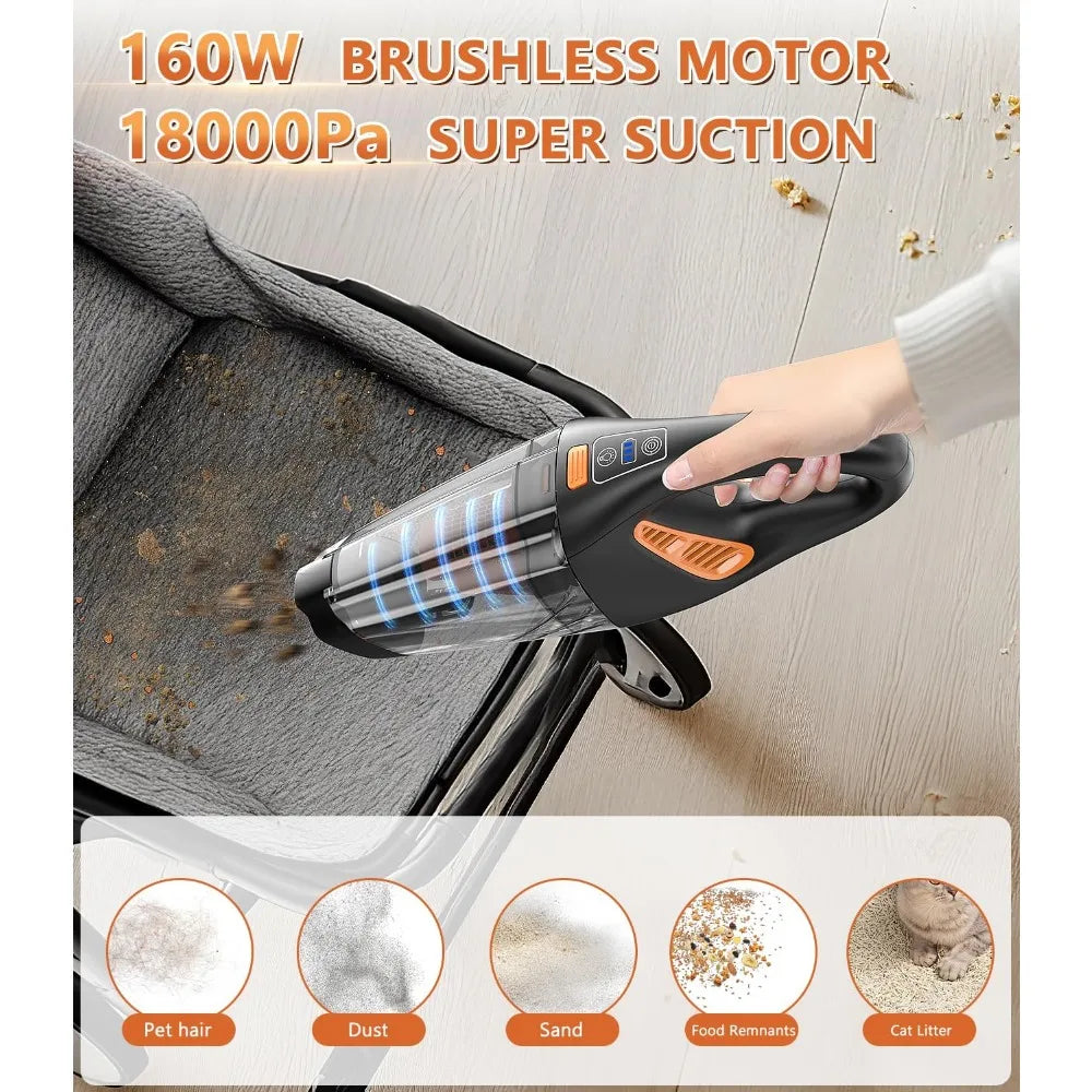 Handheld Vacuum Cordless, 18000Pa 160W Hand,30Min Car Vacuum Portable Cordless Rechargeable High Power Lightweight LED Light Fas