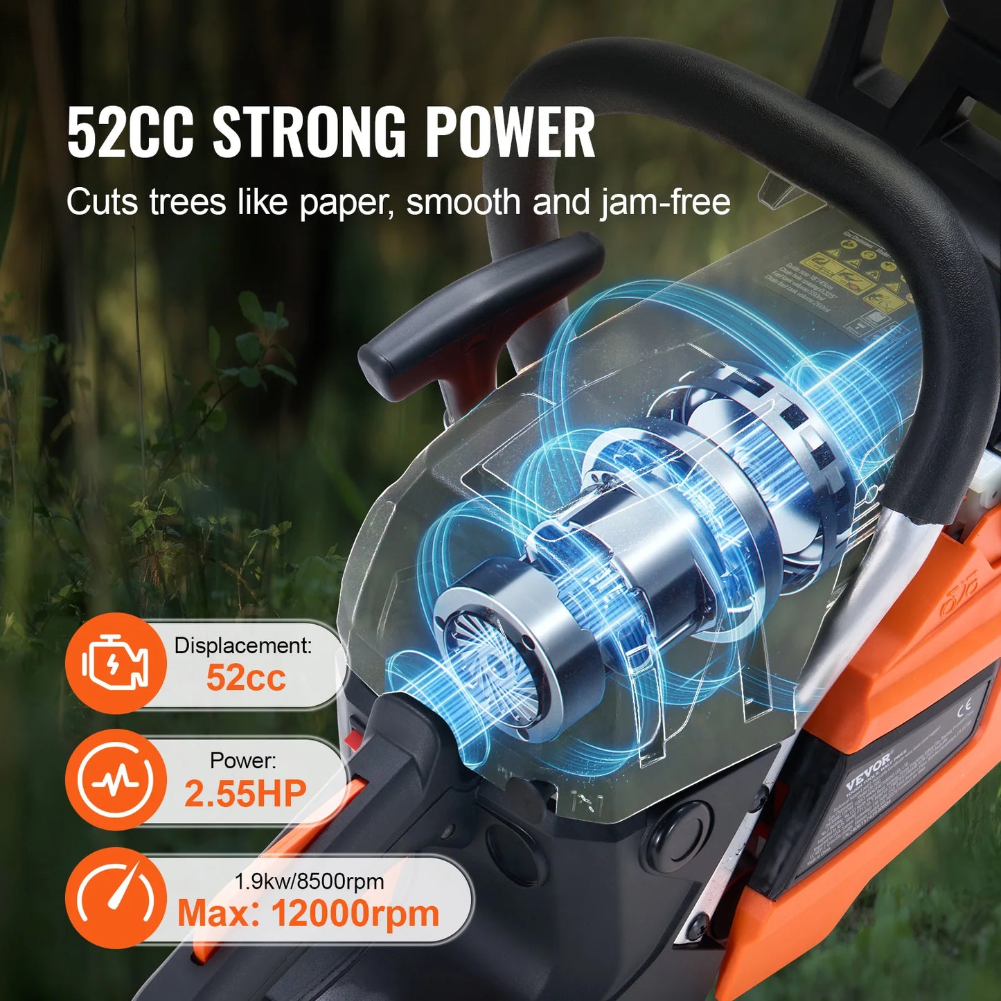 Gas Chainsaw 52CC 18"2.55HP Handheld Cordless Petrol Chainsaw for Tree Wood Branch Farm Garden Ranch Forest Cutting Use