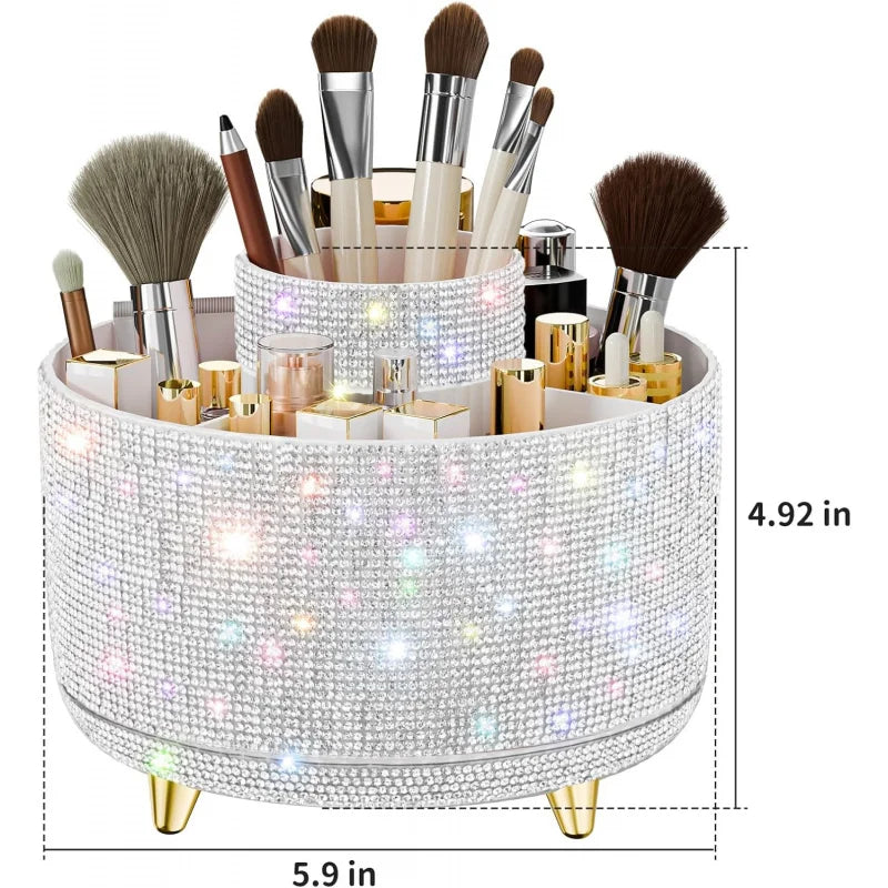 Bling Diamond Brush Holder, 360 ° Rotating Makeup Organizer, 5 Slot Make up Brushes Cup Countertop, Storage for Cosmet