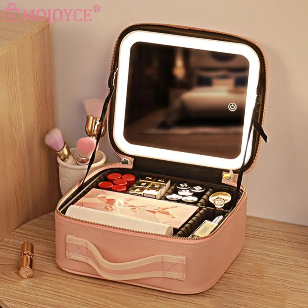 Smart LED Cosmetic Case with Mirror Women Makeup Bag Portable Large Capacity Fashion PU Leather Casual for Weekend Vacation
