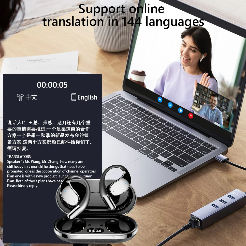 AI Translator Earbuds 144 Languages Noise Cancelling Bluetooth 5.4 Headset Instant Translator Real Time Free Lifetime APP