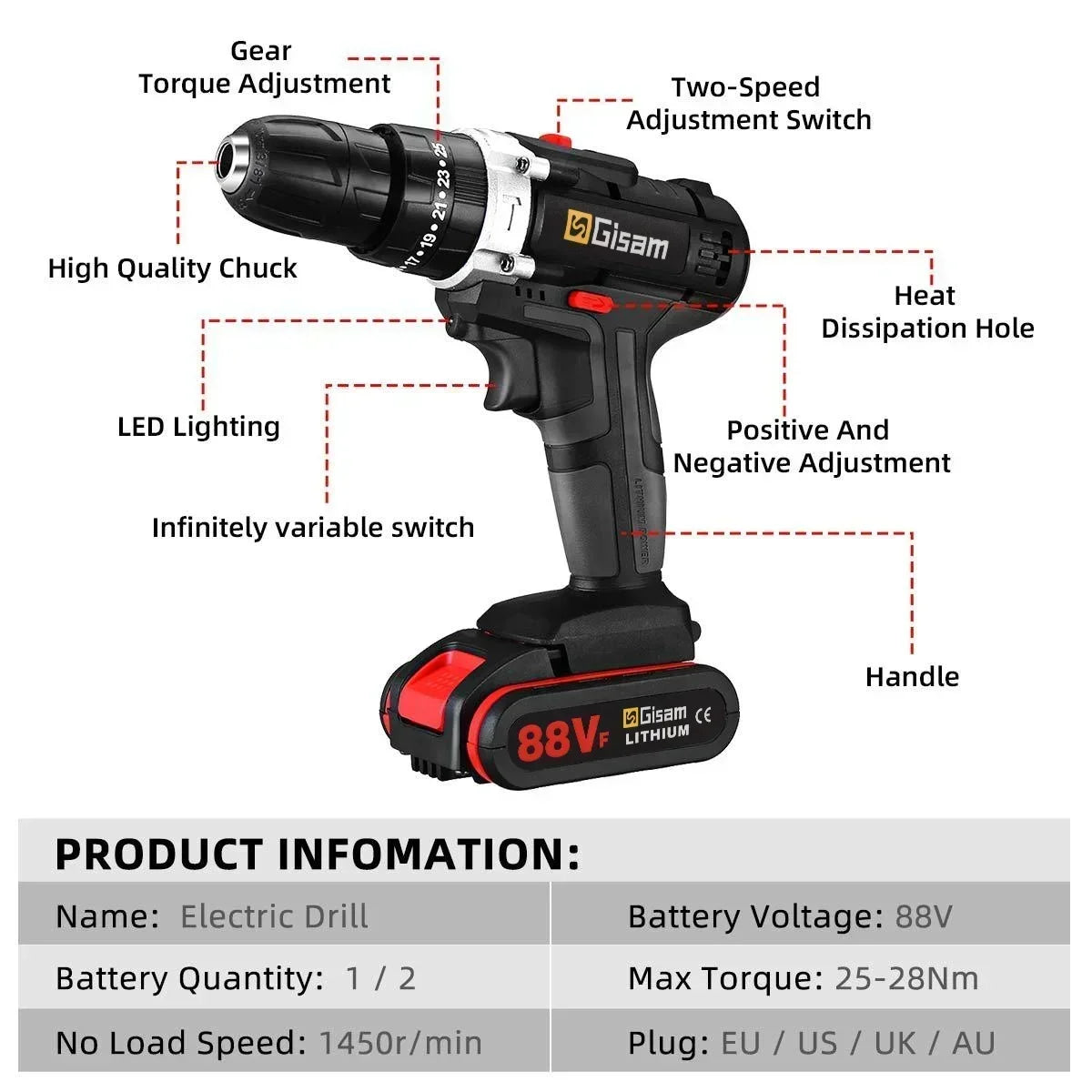 28+3 Torque Cordless Screwdriver Drill 3 in 1 Mini Electric Impact Drill Screwdriver Woodworking DIY Power Tool Lithium Battery