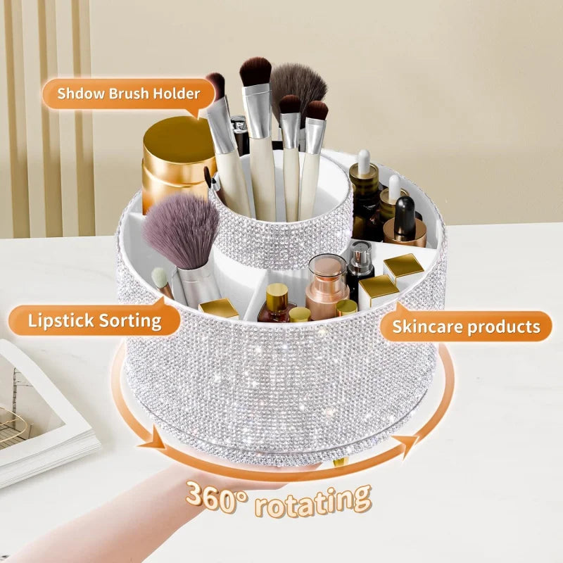 Bling Diamond Brush Holder, 360 ° Rotating Makeup Organizer, 5 Slot Make up Brushes Cup Countertop, Storage for Cosmet