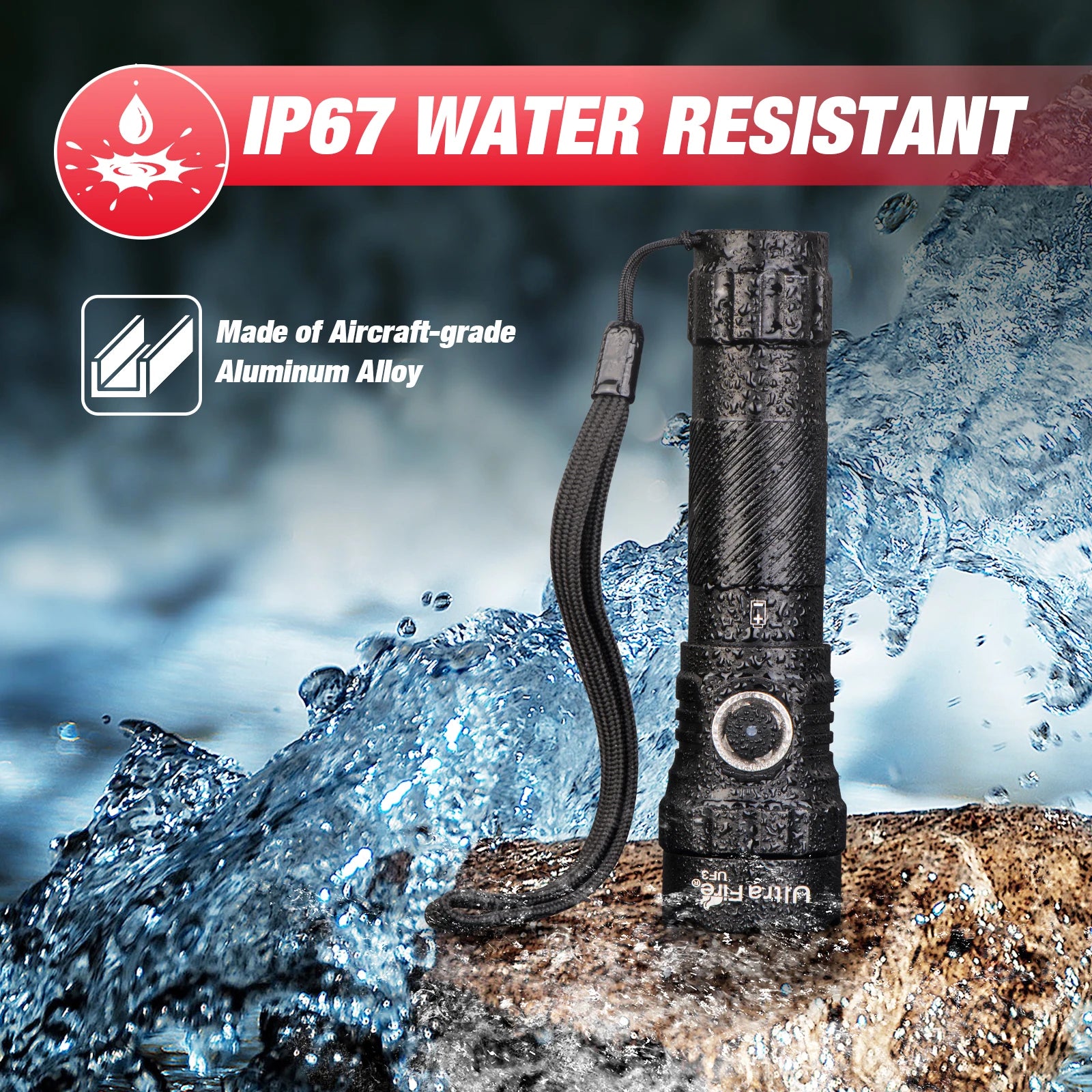 UF3 Tactical Flashlight 1200 Lumen USB Rechargeable Powerful Police Flashlight with Holster for Home Emergency Camping