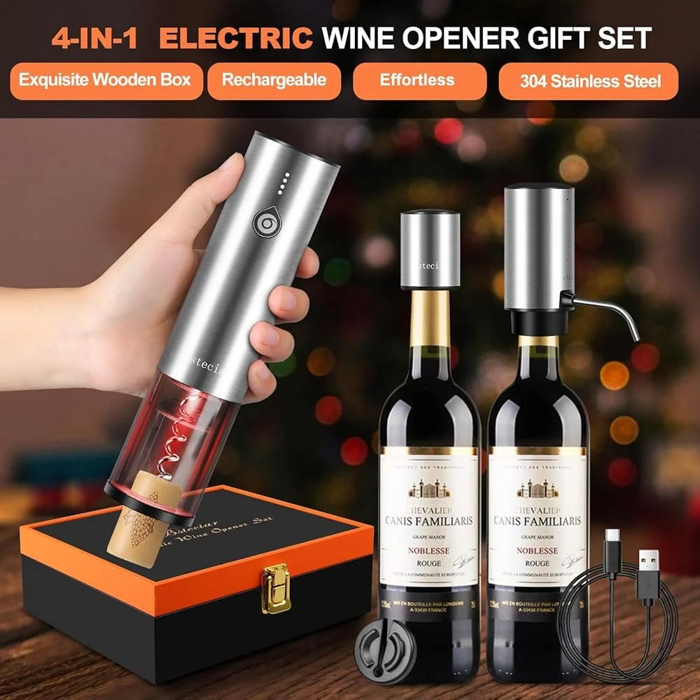 Electric Wine Opener Set Wooden Gift Box 2-In-1 Decanter Aerator Dispenser Vacuum Stopper Corkscrew Kitchen Accessories