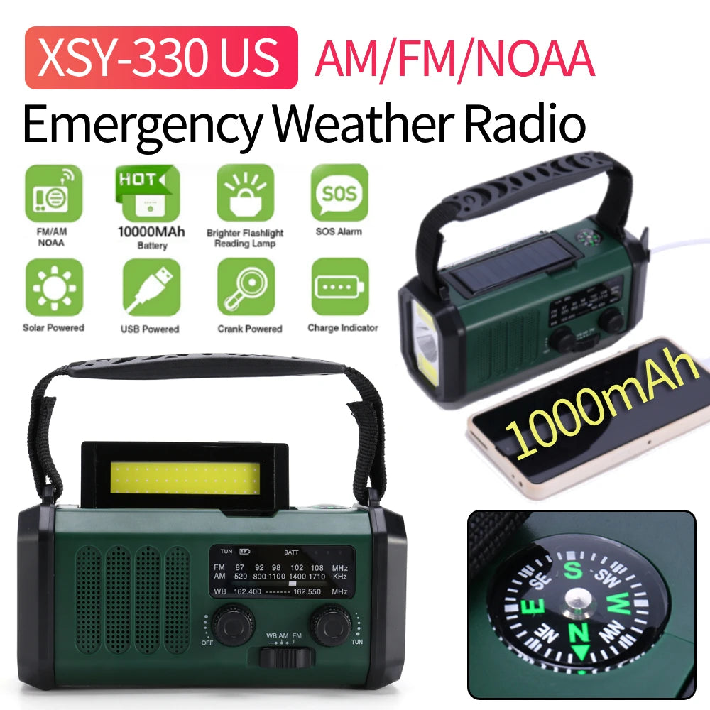AM/FM/NOAA Weather Pocket Flashlight Radio SOS LED Emergency Radio Solar Hand Crank Powered Wind up Phone Charger Bank
