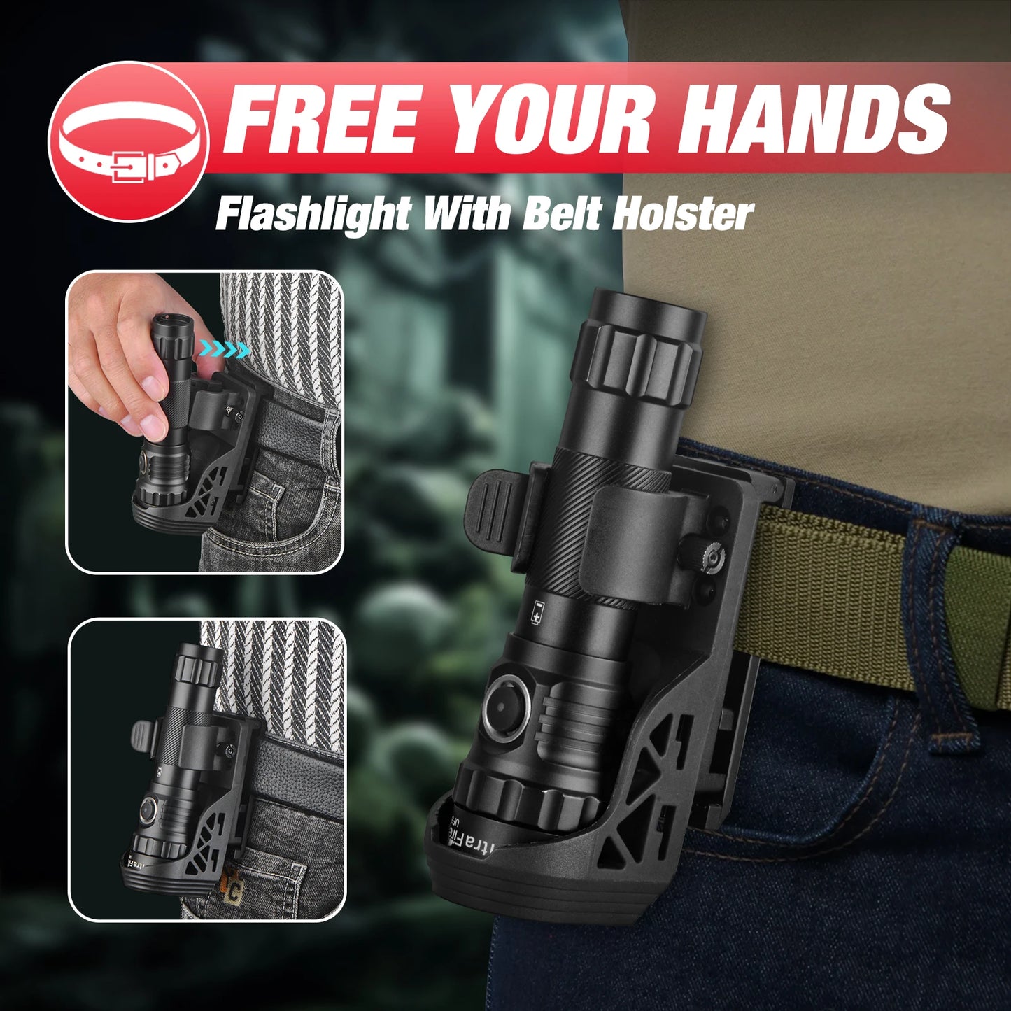 UF3 Tactical Flashlight 1200 Lumen USB Rechargeable Powerful Police Flashlight with Holster for Home Emergency Camping