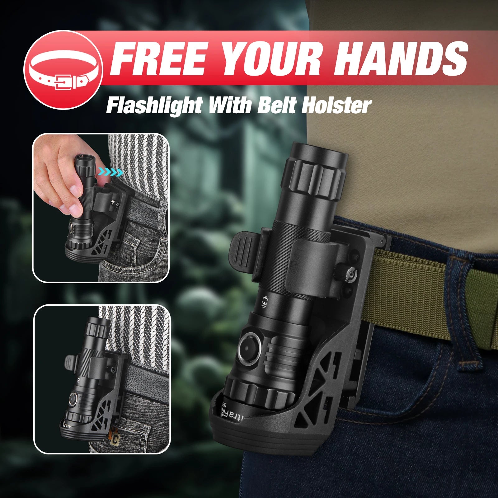 UF3 Tactical Flashlight 1200 Lumen USB Rechargeable Powerful Police Flashlight with Holster for Home Emergency Camping