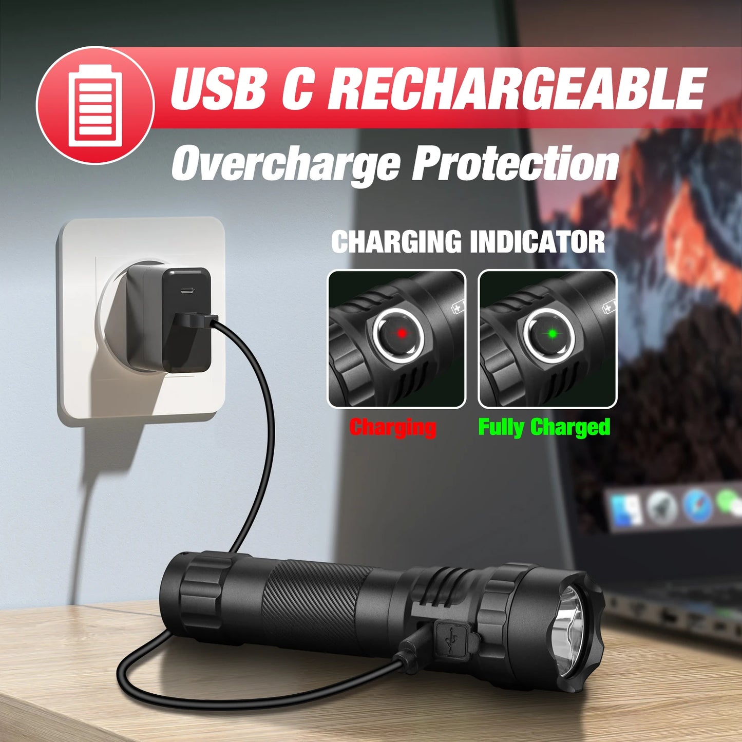 UF3 Tactical Flashlight 1200 Lumen USB Rechargeable Powerful Police Flashlight with Holster for Home Emergency Camping