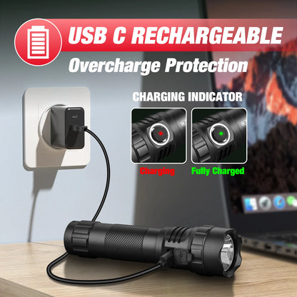 UF3 Tactical Flashlight 1200 Lumen USB Rechargeable Powerful Police Flashlight with Holster for Home Emergency Camping