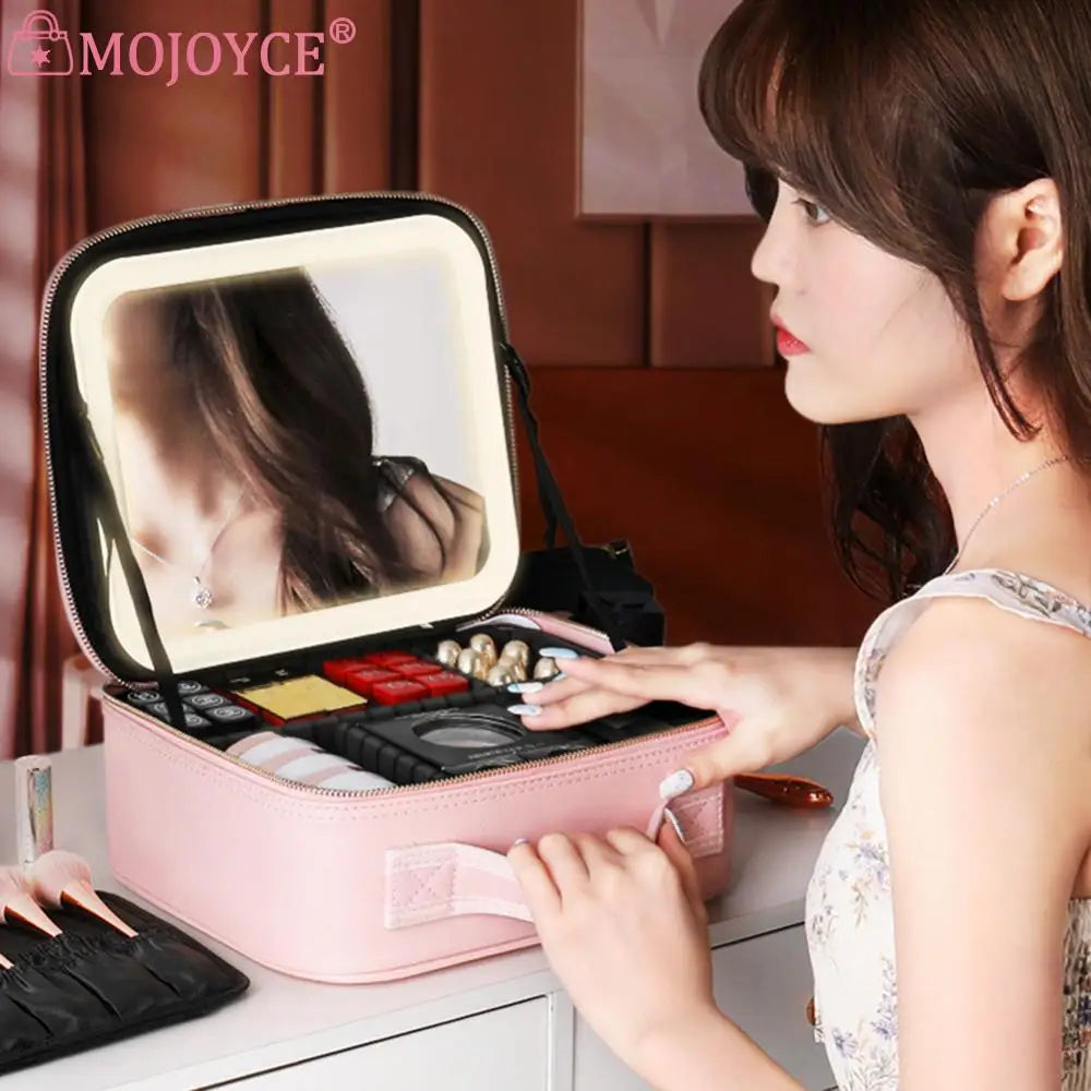Smart LED Cosmetic Case with Mirror Women Makeup Bag Portable Large Capacity Fashion PU Leather Casual for Weekend Vacation