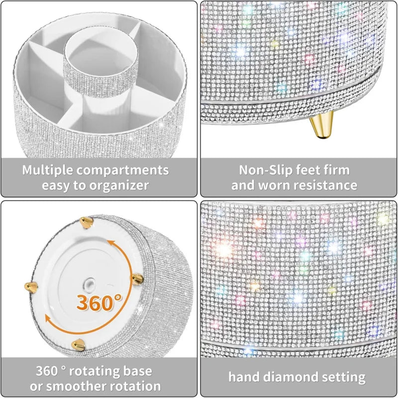 Bling Diamond Brush Holder, 360 ° Rotating Makeup Organizer, 5 Slot Make up Brushes Cup Countertop, Storage for Cosmet