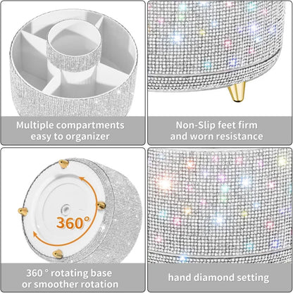 Bling Diamond Brush Holder, 360 ° Rotating Makeup Organizer, 5 Slot Make up Brushes Cup Countertop, Storage for Cosmet