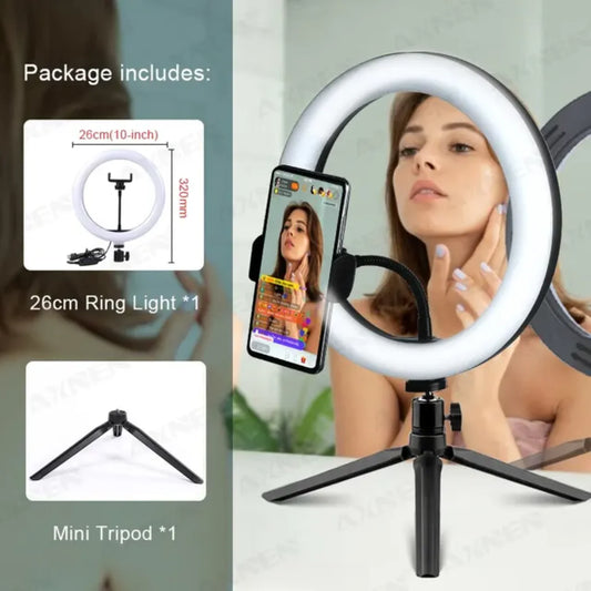 26Cm 10Inch Selfie Ring Light round Ring Lamp with Phone Holder Photography Fill Lighting with Tripod Youtube Live Video