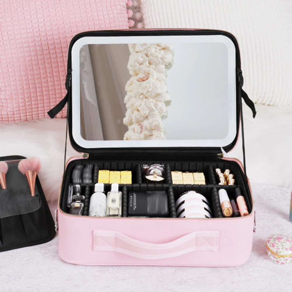 Smart LED Cosmetic Case with Mirror Women Makeup Bag Portable Large Capacity Fashion PU Leather Casual for Weekend Vacation