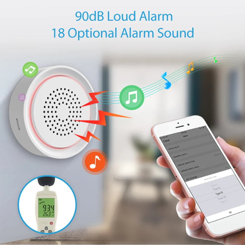 USB Smart Sensor Siren 2.4Ghz Wifi Temperature Detector Tuyasmart App Remote Control Button Battery Powered Home Security Device