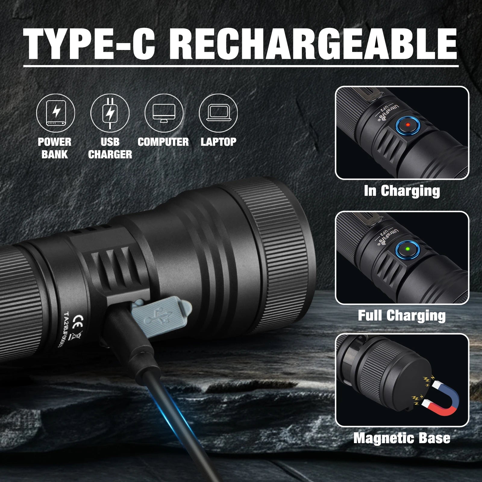 UF2 1500LM Zoomable Flashlight High Power 21700 USB-C Rechageable 550M Long Range Lamp with Magnet Power Bank Function