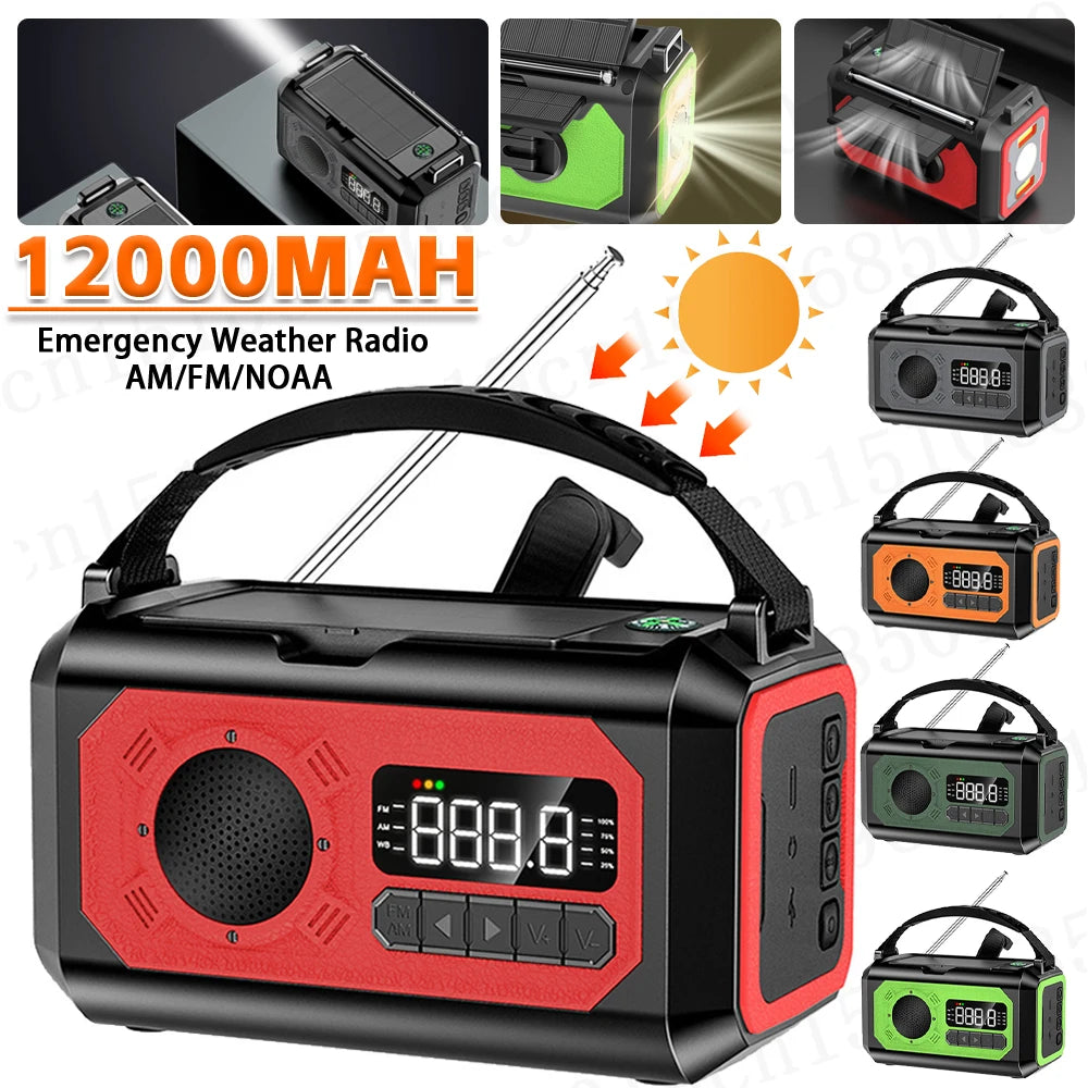 Emergency Weather Radio FM AM Hand Crank Solar Radio 2000/12000Mah Power Bank SOS Alarm with LED Flashlight for Camping Hiking