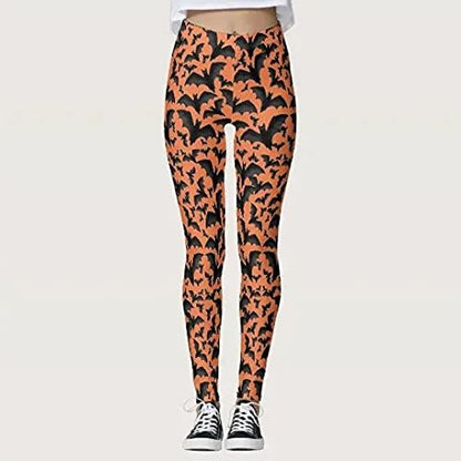 Women's Halloween Bat Print High Waist Stretchy Yoga Leggings, Plus Size Sports Pants, Yellow, XX-Large