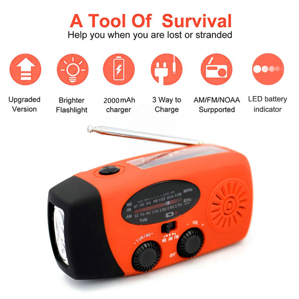 AM/FM/NOAA Weather Pocket Flashlight Radio SOS LED Emergency Radio Solar Hand Crank Powered Wind up Phone Charger Bank