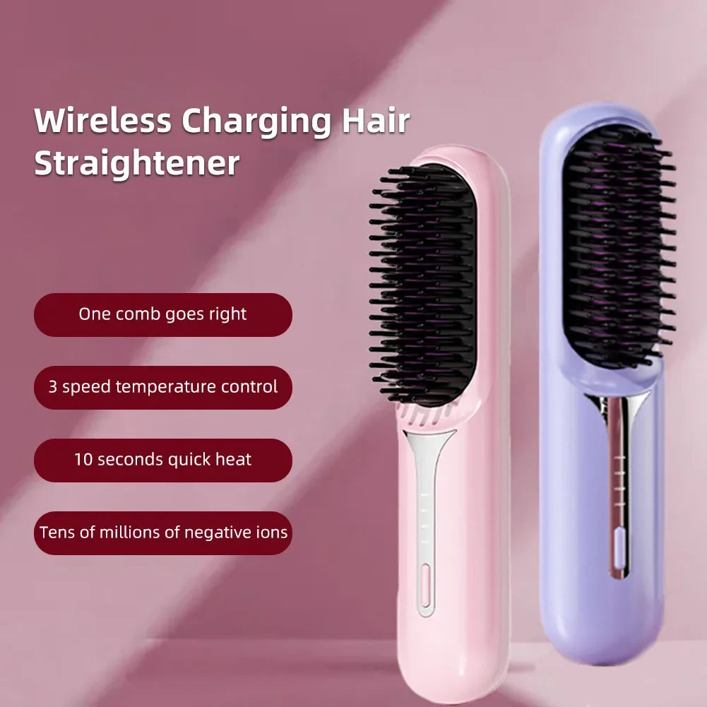 Wet Dry Hair Straightener Portable Hair Comb Cordless Hair Straightener Brush with Fast Heating Negative Ions for Fluffy Curly