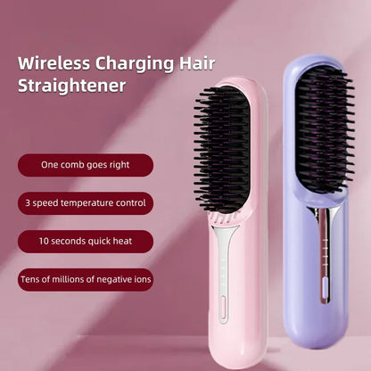 Wet Dry Hair Straightener Portable Hair Comb Cordless Hair Straightener Brush with Fast Heating Negative Ions for Fluffy Curly