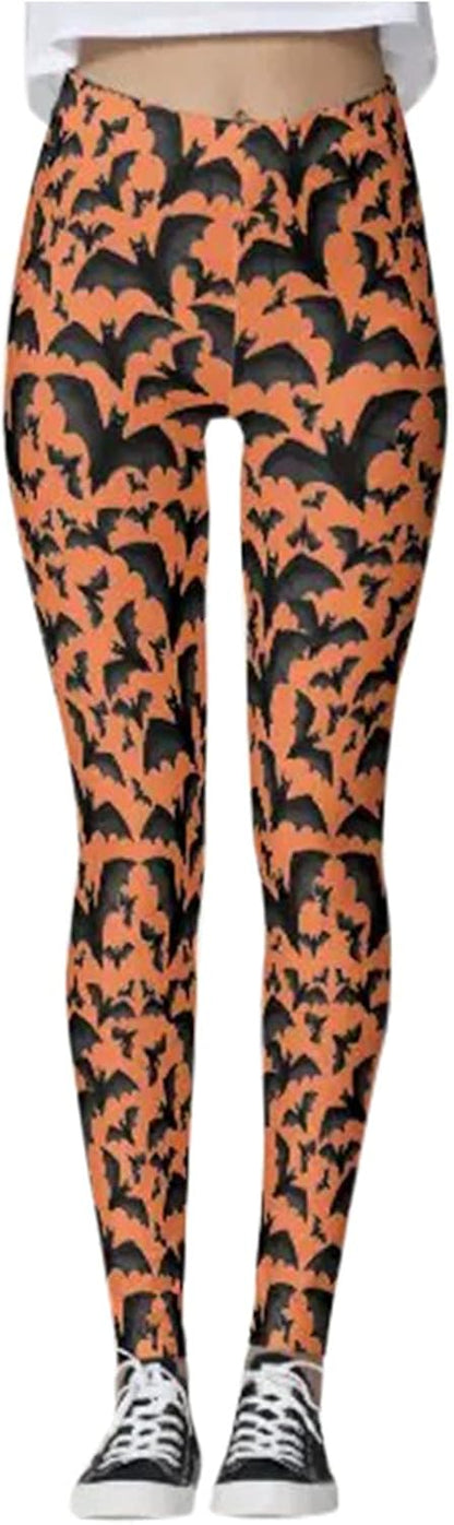 Women's Halloween Bat Print High Waist Stretchy Yoga Leggings, Plus Size Sports Pants, Yellow, XX-Large
