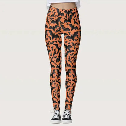 Women's Halloween Bat Print High Waist Stretchy Yoga Leggings, Plus Size Sports Pants, Yellow, XX-Large