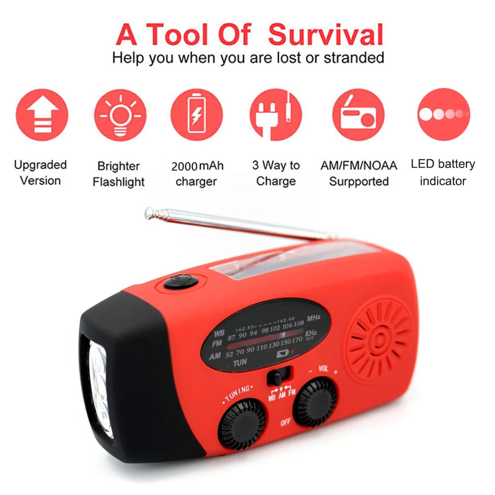 AM/FM/NOAA Weather Pocket Flashlight Radio SOS LED Emergency Radio Solar Hand Crank Powered Wind up Phone Charger Bank