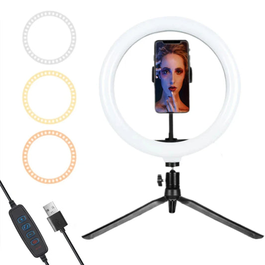10 Inch Ring Light with Tripod and Phone Holder Adjustable Suitable Videos Photography Selfies Makeup Live Streaming
