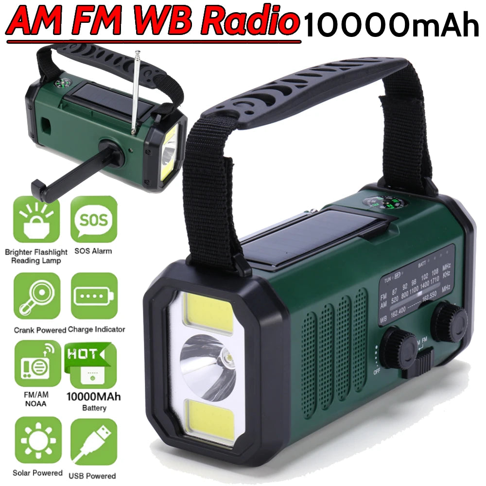10000Mah Emergency Weather Radio AM/FM/WB Solar Radio LED Emergency Power Bank Flashlight Reading Lamp Type-C Charging SOS Alarm