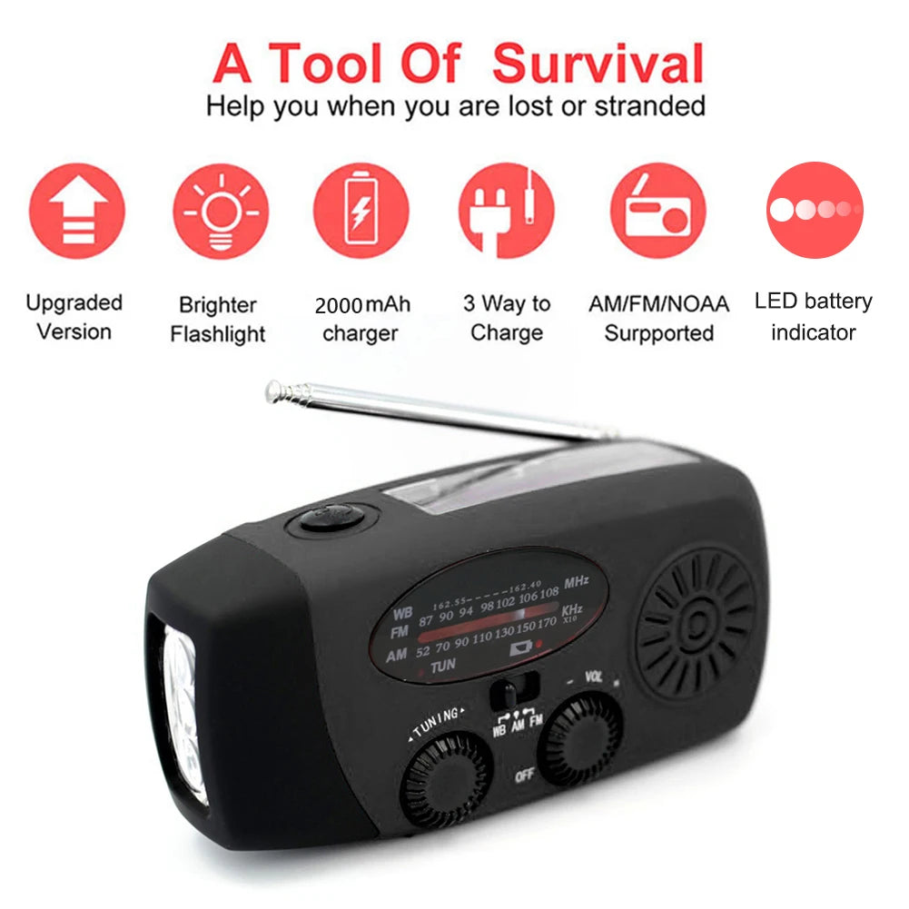 AM/FM/NOAA Weather Pocket Flashlight Radio SOS LED Emergency Radio Solar Hand Crank Powered Wind up Phone Charger Bank